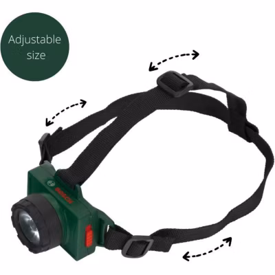 Lampe frontale Theo Klein Bosch vert noir rouge bandeau réglable 2 modes portee 8 m