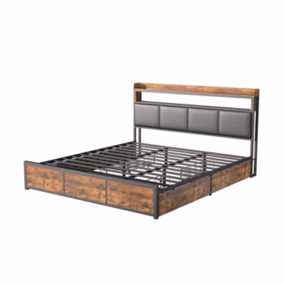 Cadre De Lit Double Marron Vintage Avec 4 Tiroirs, Cadre De Lit En Métal Éclairé Par LED, 160 X 200