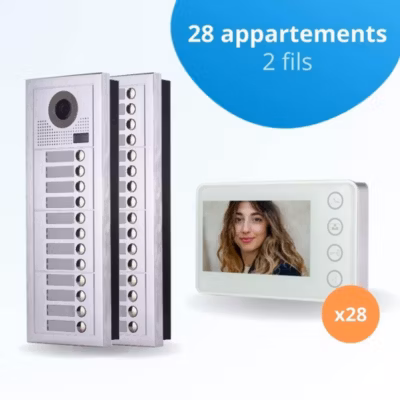 Portier interphone vidéo modern 2 fils – 28 appartements – 28 écrans blancs