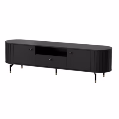 Meuble TV 180 cm 2 portes avec tiroir noir façades rainurées ZANTE