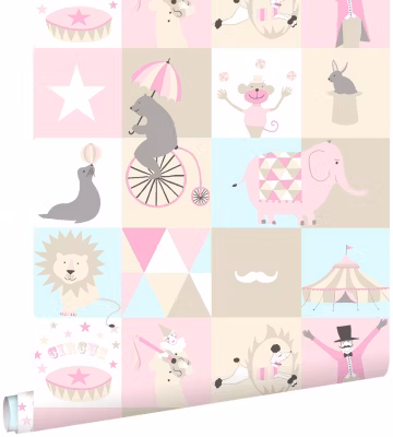 ESTAhome papier peint l&rsquo;univers du cirque rose clair, bleu clair et beige 53 cm x 10.05 m
