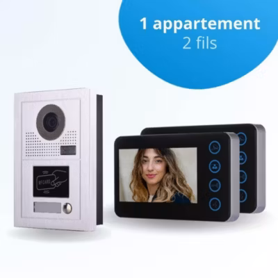Portier interphone vidéo modern 2 fils – 1 appartement – 2 écrans noirs – avec lecteur de badge