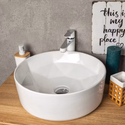 Vasque à poser ronde en ceramique ELYNA design interieur en forme de diamant diam40 cm