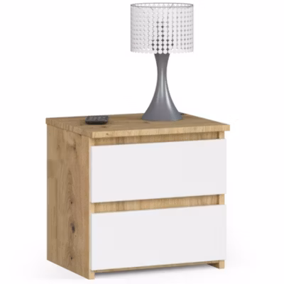 Table de chevet : 2 tiroirs,  chêne artisanal/blanc, l: 40 cm, h: 40 cm, p: 35 cm.