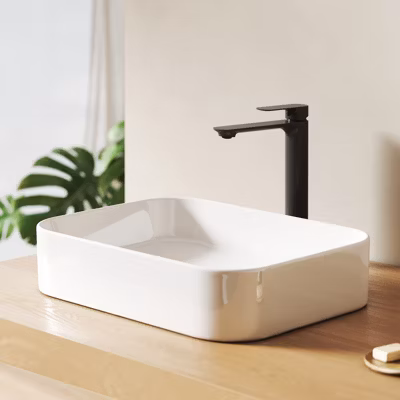 EMKE Lavabo en Céramique Blanc 505x370x110 mm, Vasque à Poser Carrée sans Trou de Robinet