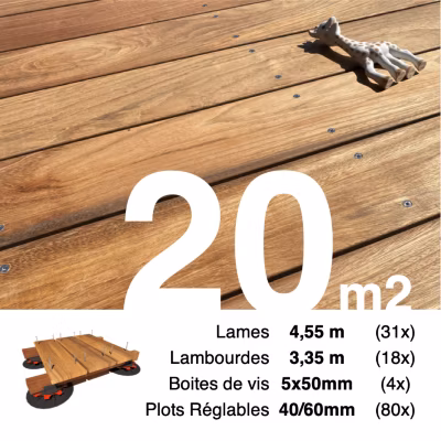 Kit complet terrasse bois exotique JATOBA pour 20 m², Lames 4,55 m, lambourdes 3,65 m, plots réglables et visserie Inox.