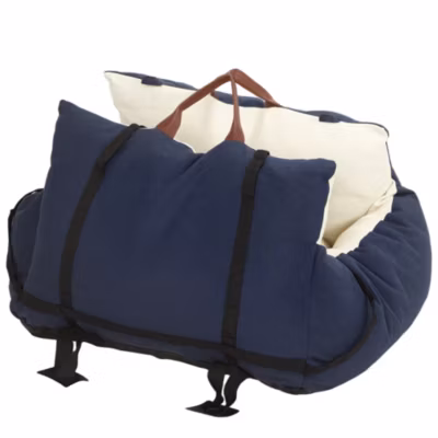 Siège auto sac de transport chien 2 en 1 – réglable – coussin déhoussable – coton bleu écru