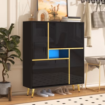 Meuble à chaussures 80 cm avec façade brillante noire, bande LED 16 couleurs et portes à étagères réglables
