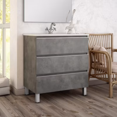 Meuble sous vasque seul, 3 tiroirs, 100cm, simple vasque – ciment (gris) – PALMA