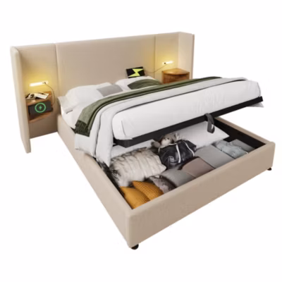 Lit 180×200 cm coffre relevable tête de lit étagère lampe tactile et ports USB Type C cadre métal lin beige