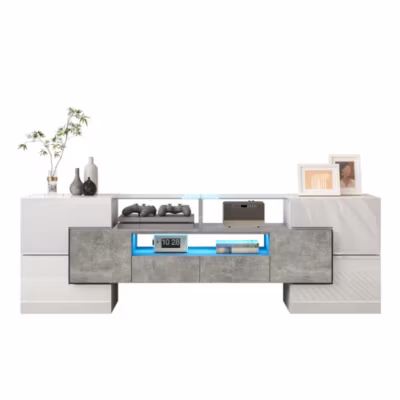 Meuble TV 145x30x51 cm en panneaux de particules blanc laqué avec LED multicolore et rangements fonctionnels