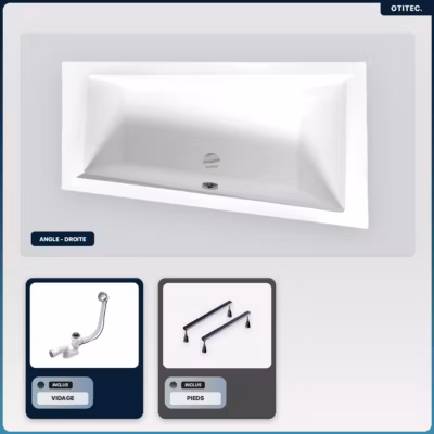 Baignoire asymétrique – 160 x 90 cm – Droite – sans Habillage – avec Pieds – Vidage Chrome – INTIMA SLIM