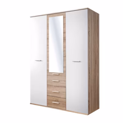 Armoire chambre denfant design coloris chene et blanc avec 3 portes battantes et 3 tiroirs collection DENVER.