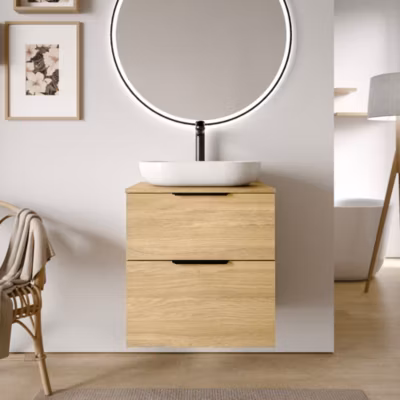 Meuble sous vasque suspendu MDF Chêne gris 60x46x62cm, Plan lavabo Blanc mat + poignée Chrome – TIM60