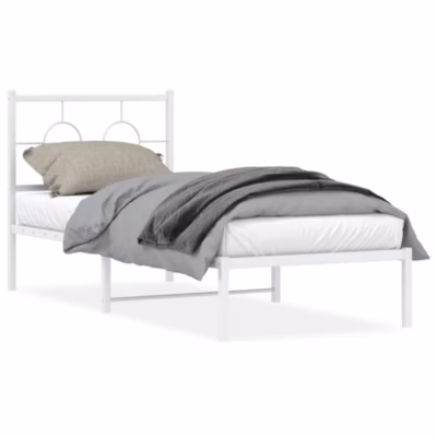 Lit simple, Lit adulte, Cadre de lit métal sans matelas avec tête de lit blanc 75x190cm