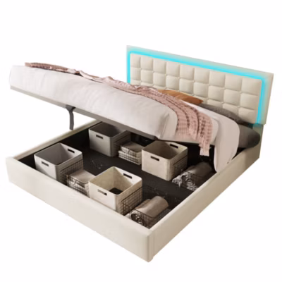 Lit 160×200 cm avec coffre de rangement, tête de lit tapissée en PU blanc et éclairage LED intégré