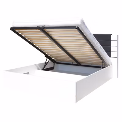 Lit king size 180 cm blanc et noir brillant avec coffre et finition simili cuir