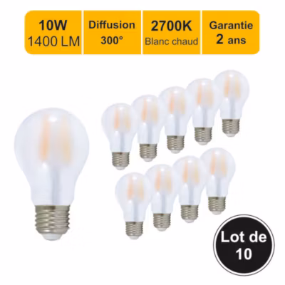 Lot de 10 ampoules LED filament E27 10W 1400Lm 2700K – garantie 2 ans