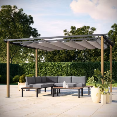 Tonnelle/Pergola en aluminium 3x4m toile coulissante rétractable – bois et gris – HAWAI