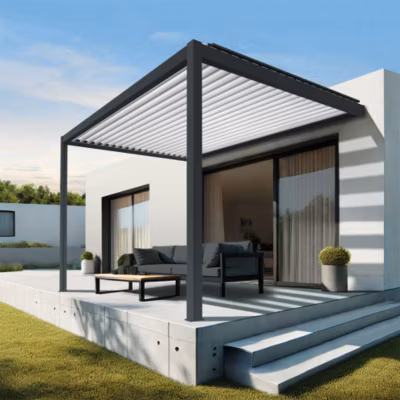 Pergola bioclimatique Xenon (Vérin à Télécommande – Gris anthracite / Blanc – 3,50 x 3,080m)