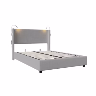 Lit Rembourré 140 X 200 Cm Avec Rangement Et Liseuse, Avec Port De Charge USB, Gris