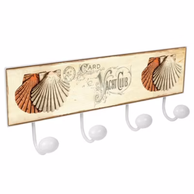 Porte manteau mural en métal design Rétro Vintage décoration de plage COQUILLES DE MER BLEU avec 4 CROCHETS en porcelaine