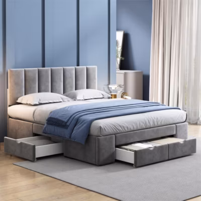 Lit adulte lit rembourré 140×200 cm, avec dossier,sommier à lattes et 4 tiroirs, velours, gris