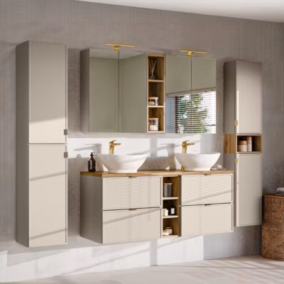 Ensemble meuble double vasque 140cm 3 niches et 2 colonnes Alba Cachemire Lola