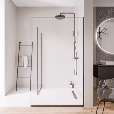 2 Parois de douche italienne d&rsquo;angle 70x200cm + 80cm, verre NANO 10mm, profilé mural + sol inox noir mat – EX102