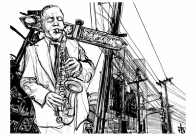 Papier peint intissé panoramique hobby saxophone recital on broadway 200×154 cm