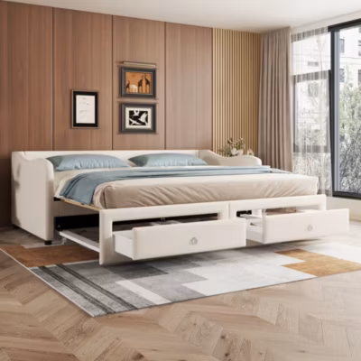 Banquette, 90x200cm, gigogne, 2 tiroirs, tissu, beige, sans matelas