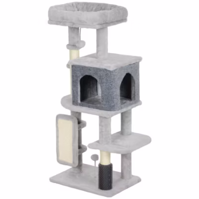 Arbre à chat H.104 cm – griffoir, grattoir, bande massante, jeux boules, niche, plateforme observation – gris