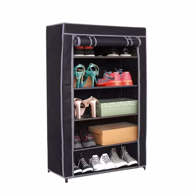 Meuble à chaussures coloris noir avec une housse en toile – Longueur 60 x profondeur 30 x Hauteur 89 cm