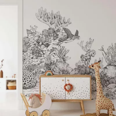 Papier peint panoramique avec coraux et tortues illustrant les fonds marins – 85×260 cm (l x h)