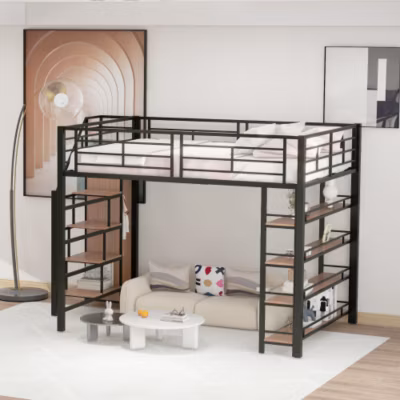 Lit mezzanine 140×200 cm en métal noir avec échelle sécurisée rangement étagères et penderie pour adolescent