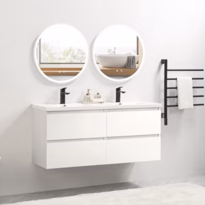 Pack Meuble prémonté 120 blanc-Vasque résine-Robinets noir-Miroirs JOY – bain-bain