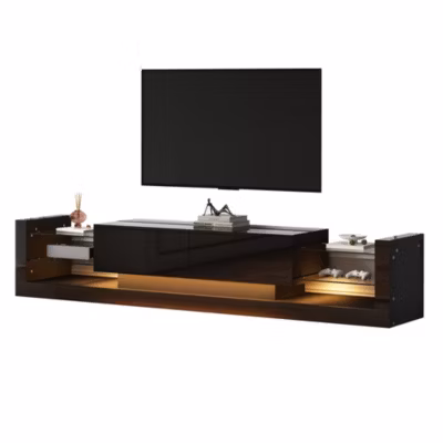 Meuble TV 181x38x38 cm laqué noir avec façade en verre, 2 tiroirs rabattables et éclairage LED intégré