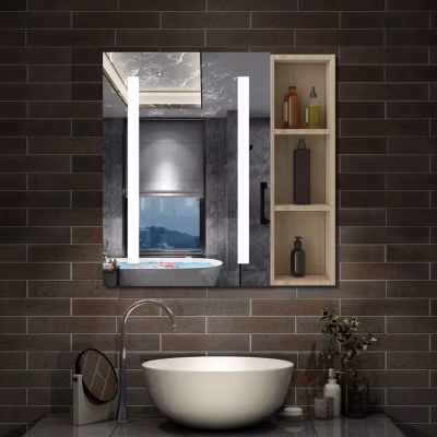 Armoire de toilette avec Miroir LED et Étagère Latérale, Anti-Buée, Éclairage 3 Couleurs + Prise, Chêne 80×70 cm
