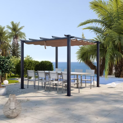Tonnelle/Pergola aluminium 3x3m toile coulissante rétractable – Gris / Taupe – OHIO