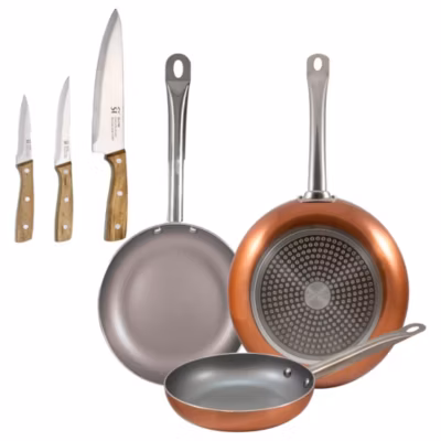 Ensemble de 3 poeles a frire Bergner Optimum Plus 18-22-26 cm avec couteaux de cuisine