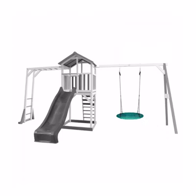 AXI Structure de jeu Beach Tower cadre escalade et balancoire Nid Summer Blanc Gris Toboggan Gris