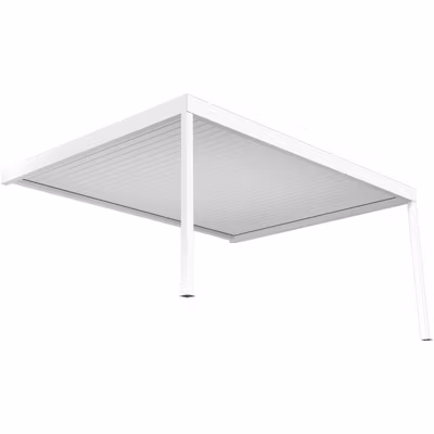 Pergola bioclimatique perpendiculaire – SAMA  – vérin à télécommande (Blanc brillant – 6.015m x 4.50m)