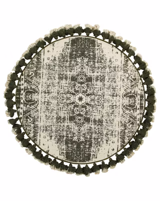 Tapis rond à franges blanc crème et vert KAHTA