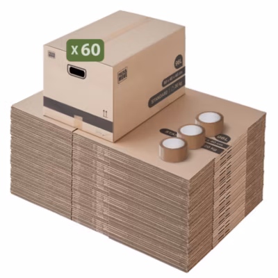 Pack and Move – Lot 60 cartons déménagement L larges – 40 x 60 x 40 cm – Poignées renforcées – 3 adhésifs offerts