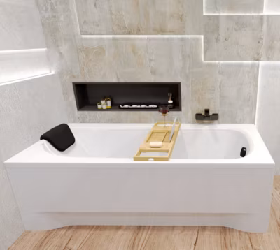 Baignoire rectangulaire 160 x 70 BONA acrylique blanc, sans Habillage + Repose Tête + Étagère bambou + Pieds + Vidage à chromé