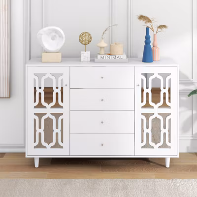 Buffet 147.5x40x102cm, avec 2 portes et 4 tiroirs, porte avec verre pour salon, salle à manger, blanc