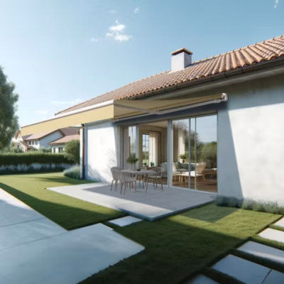 Store banne monobloc ESPAI 5,00×3,00m (Motorisé à interrupteur + manœuvre de secours – Ecru – Blanc)