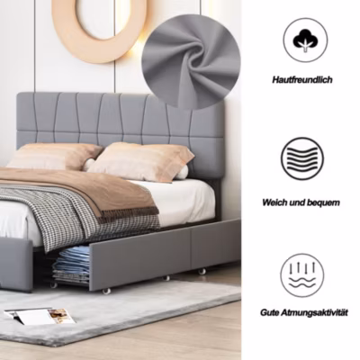 Lit double gris 160 x 200 cm, velours, cadre de lit avec 4 tiroirs, sans matelas