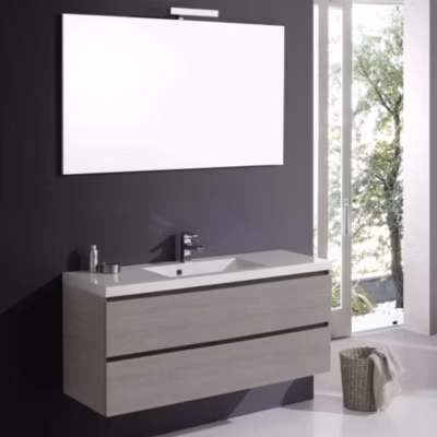 Meuble De Salle De Bain Suspendu 120Cm Gris, 2 Tiroirs, Lavabo En Résine, Miroir Avec Lampe – Manhattan