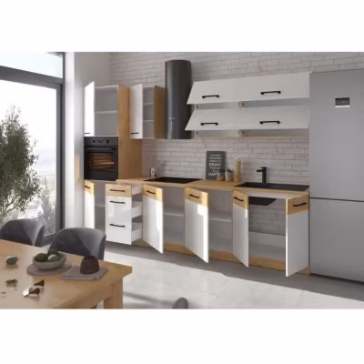 ROCK – Cuisine complete – Mélaminé chene Lancelot et Blanc brillant – 300 cm – Plan de travail non inclus